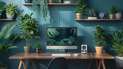 A modern workspace with computer and plants on a wooden desk against a blue wall.