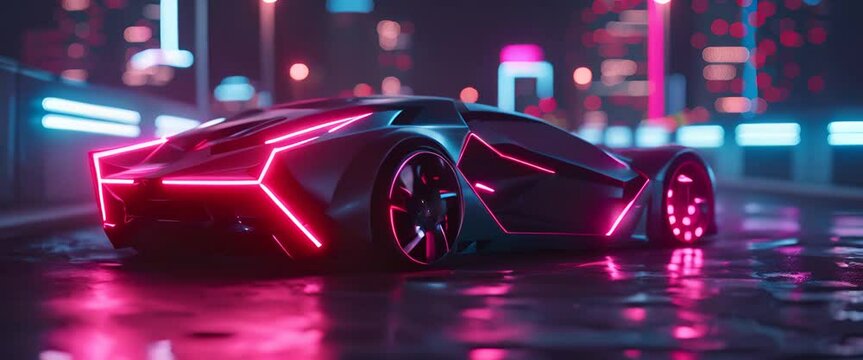 3D model of a futuristic triangular electric car, sleek design, neon city backdrop,