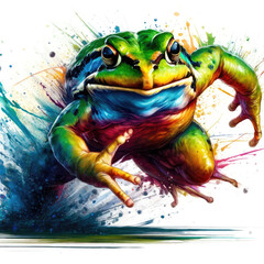 Experience the fierce roar and swift charge of a frog through vibrant watercolor. This artwork captures wild energy with detailed brushstrokes and bright, captivating colors.