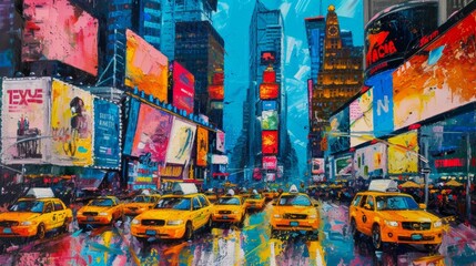 Oil painting of New York City street in rain
