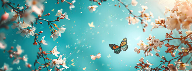 Turquoise Background with Butterflies and Cherry Blossoms - obrazy, fototapety, plakaty