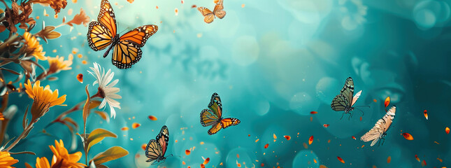 Vibrant Butterflies Flying Over Turquoise Floral Backdrop