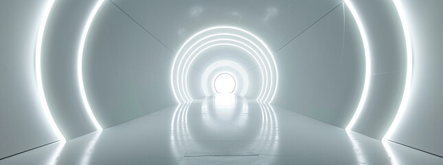 Abstract White Tunnel with Glowing Light Rings Perspective