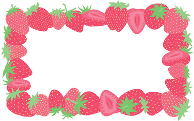 Digital illustration of a strawberry border frame with whole and sliced strawberries on white background