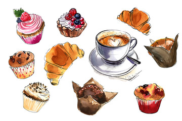 Food sketches. Sweets, pastries, cupcakes, muffins and coffee. Watercolor drawings and ink.  - 779935193