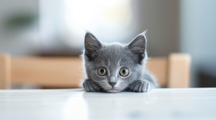 A shy gray Shorthair kitten peering timidly from behind a white table