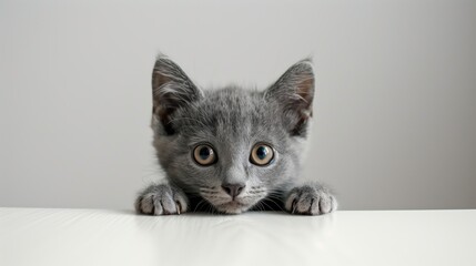 A shy gray Shorthair kitten peering timidly from behind a white table