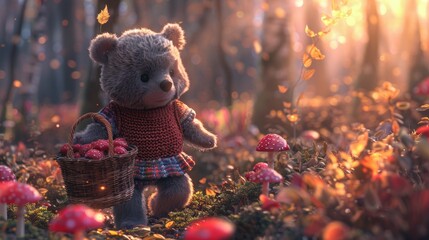 A teddy bear holding a basket of mushrooms in the woods, AI