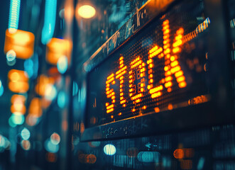 Illuminated Stock Market Display Board at Night