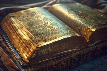 Open ancient Bible book with ornate gold pages and cover, religious illustration - obrazy, fototapety, plakaty