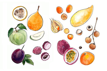 Watercolor exotic fruit sketch. Colorful food image. Guava, granadilla, passionfruit, lychee, kumquat, tangerine, mango, longan, physalis - 779935934