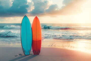 A surfboard stands on the beach.. Beautiful simple AI generated image in 4K, unique.