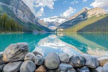 Picturesque Lake Louise in Banff National Park, Turquoise Waters and Snow-Capped Mountains, Landscape Photography - obrazy, fototapety, plakaty