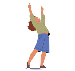 Happy Girl Pointing Up. Child Character Extends Fingers Skyward, Eyes Wide With Wonder, Curiosity Ignited