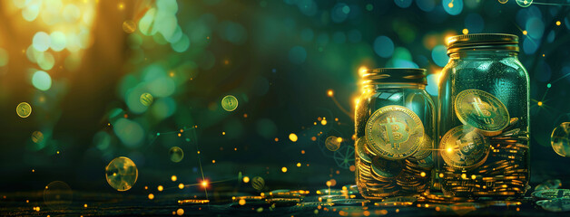 Bitcoin Investment Concept with Glass Jars and Golden Lights - obrazy, fototapety, plakaty