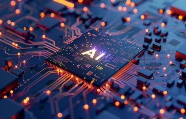 Artificial intelligence micro chip with AI text on chip - obrazy, fototapety, plakaty
