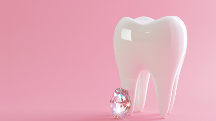 Model of a white human tooth, molar and jewelry made of small sparkling stones, diamond rhinestones pink background. Concept of dental care and health, dental decorations - obrazy, fototapety, plakaty