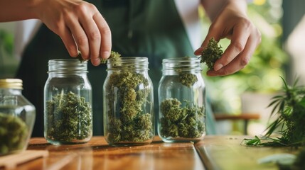 Hands working on dried cannabis buds on table for entertainment usage - obrazy, fototapety, plakaty