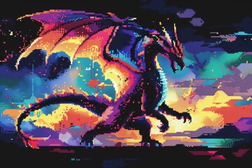 Pixel art illustration of a majestic dragon silhouette on a black canvas background, created using vibrant, colorful square pixels, digital 8-bit retro gaming style artwork