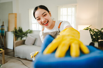 Young housewife is wiping dust off the TV with a microfiber cloth in the living room. Housekeeping...