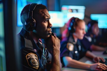 Police officers working in advanced 911 call center, emergency response concept