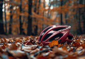 a bicycle helmet on leaves