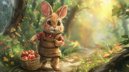 A painting of a rabbit with an apple basket in the woods, AI - obrazy, fototapety, plakaty