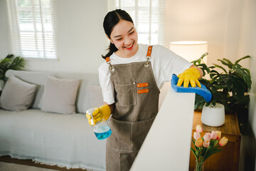 Young housewife is wiping dust off the TV with a microfiber cloth in the living room. Housekeeping...