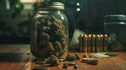 dried cannabis buds with gun bullet cash money on table - obrazy, fototapety, plakaty