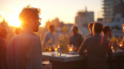 Young man enjoying a rooftop party with friends during a golden sunset in the city.