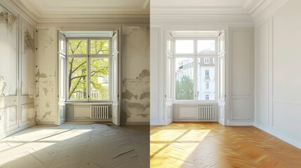 Renovated rooms with spacious windows and heating systems, both before and after the restoration process Examination of the differences between an old apartment and a newly renovated residence - obrazy, fototapety, plakaty