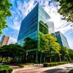Modern Glass Office Building on a Sunny Day With Clear Blue Sky