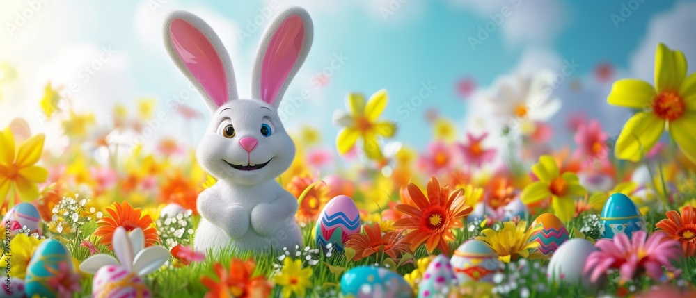 Poster cute Easter Bunny, floral and easter eggs background