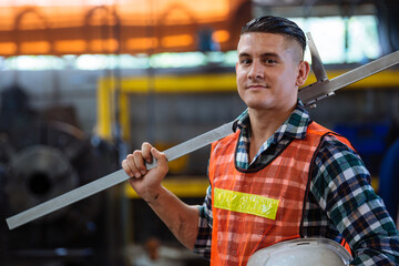 Portrait of confident male engineer metalworker industrial experienced operator technician worker...