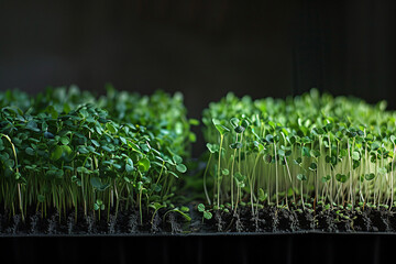 A vibrant array of microgreens thrive in a low-lit environment, showcasing the beauty of indoor gardening.