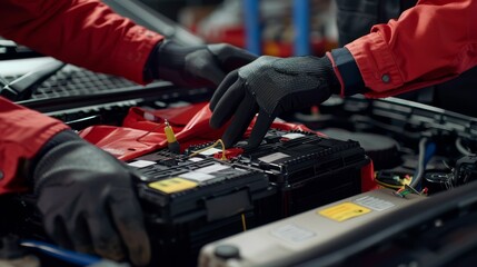 Technician Hands of car mechanic working repair in auto repair Service electric battery and Maintenance of car battery Check the electrical system inside the car - obrazy, fototapety, plakaty