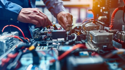 Technician Hands of car mechanic working repair in auto repair Service electric battery and Maintenance of car battery Check the electrical system inside the car