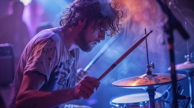 the quiet intensity of a drummer's focus, sweat dripping down their brow as they lay down the heartbeat of the band, lost in the rhythm's embrace.