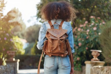 Rear view of slim African American teen girl in jeans walking away with brown leather backpack