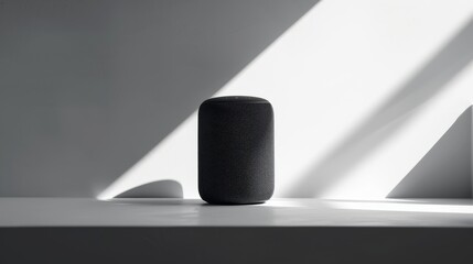 Modern smart home speaker on white shelf with minimalist design