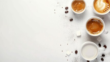 Top view of Espresso coffee, milk and sugar on white Background with space for text - obrazy, fototapety, plakaty