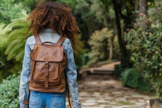 Rear view of slim African American teen girl in jeans walking away with brown leather backpack