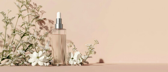 Showcase with cream jar, container, serum bottle,  flowers in trendy pastel color. Shadows effect.Skin Care, makeup concept. Cosmetic product presentation. Generative ai
