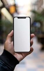 Hand holding a smartphone with a typical blank screen of a booking and booking app or accommodation rating service