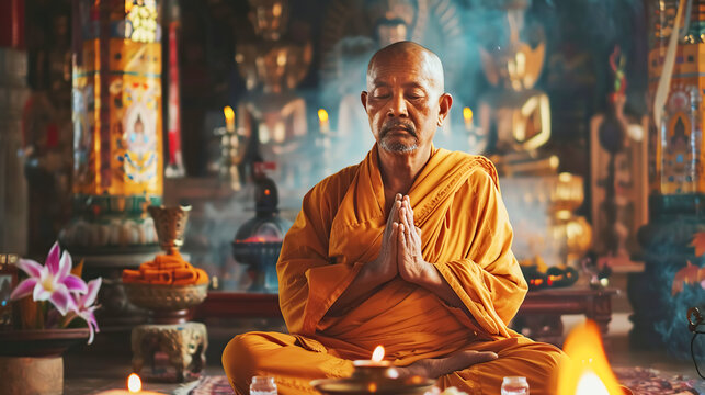 Buddhist Monk in deep meditation, surrounded by burning candles, in etting of a traditional Buddhist temple. Religion, traditional eastern meditation, prayer, spiritual practice
