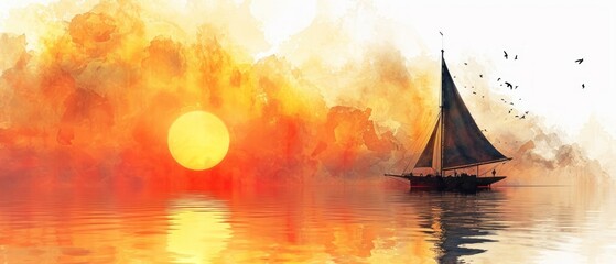 Digital airbrushing watercolor illustration of Sailboat at sunset, digital art