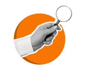 Black and white hand in a white shirt holds a magnifying glass. Illustration in a modern collage style on transparent background