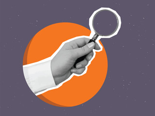 Black and white hand in a white shirt holds a magnifying glass. Vector illustration in a modern collage style - 779938167