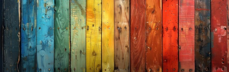 Rustic Wooden Texture with Rainbow Colors and LGBT Pattern - Abstract Painted Wall, Table, and Floor Background for Panorama Banner - obrazy, fototapety, plakaty
