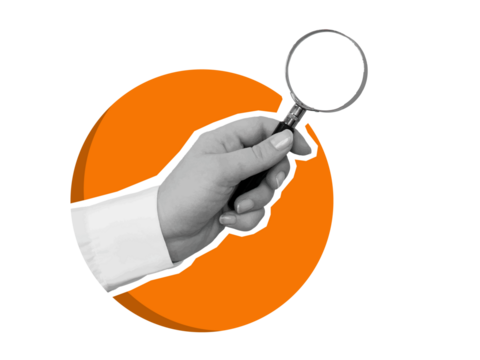 Black and white hand in a white shirt holds a magnifying glass. Illustration in a modern collage style on transparent background